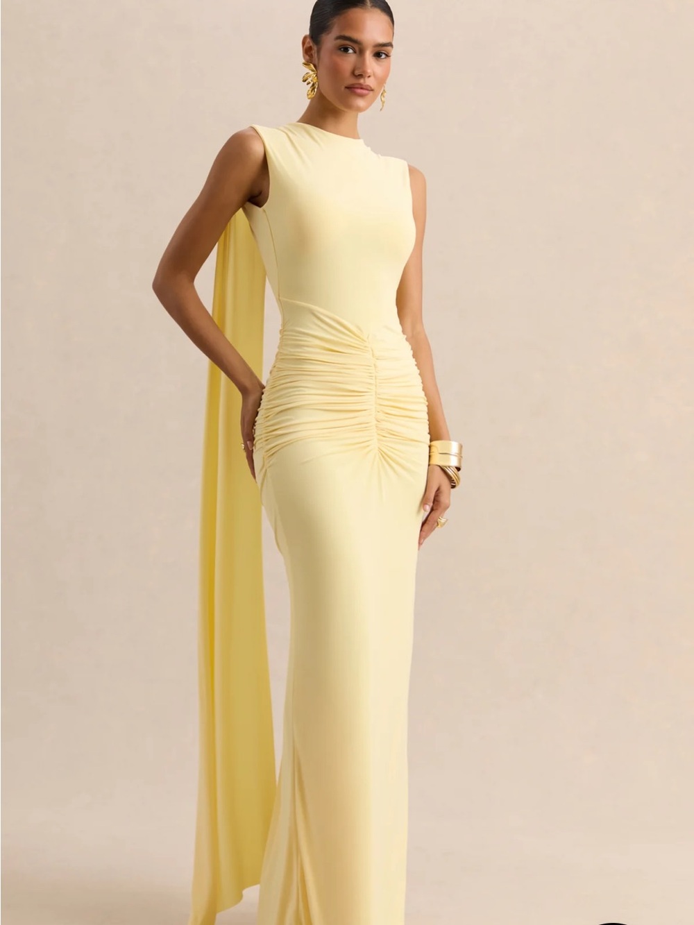 Club L London Pale Yellow Ruched Maxi Gown with Drape Back